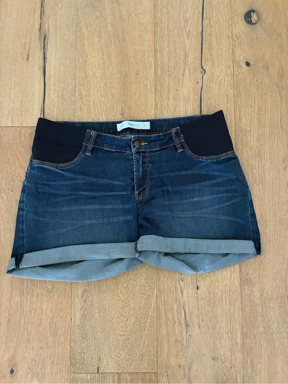 Dark Blue Denim Jean Shorts with Navy Stretch Waistband